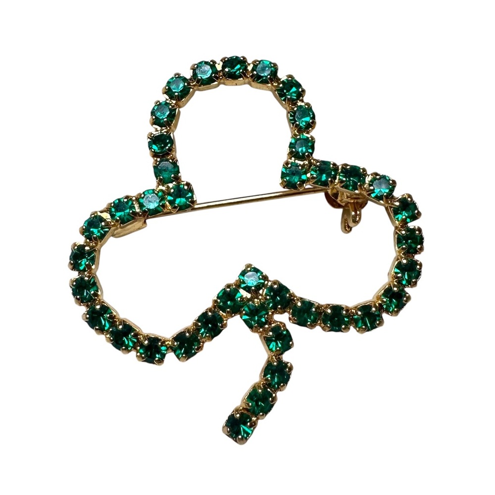 Vintage Green Rhinestone Shamrock Clover Brooch Gold Tone Lucky Irish Pin